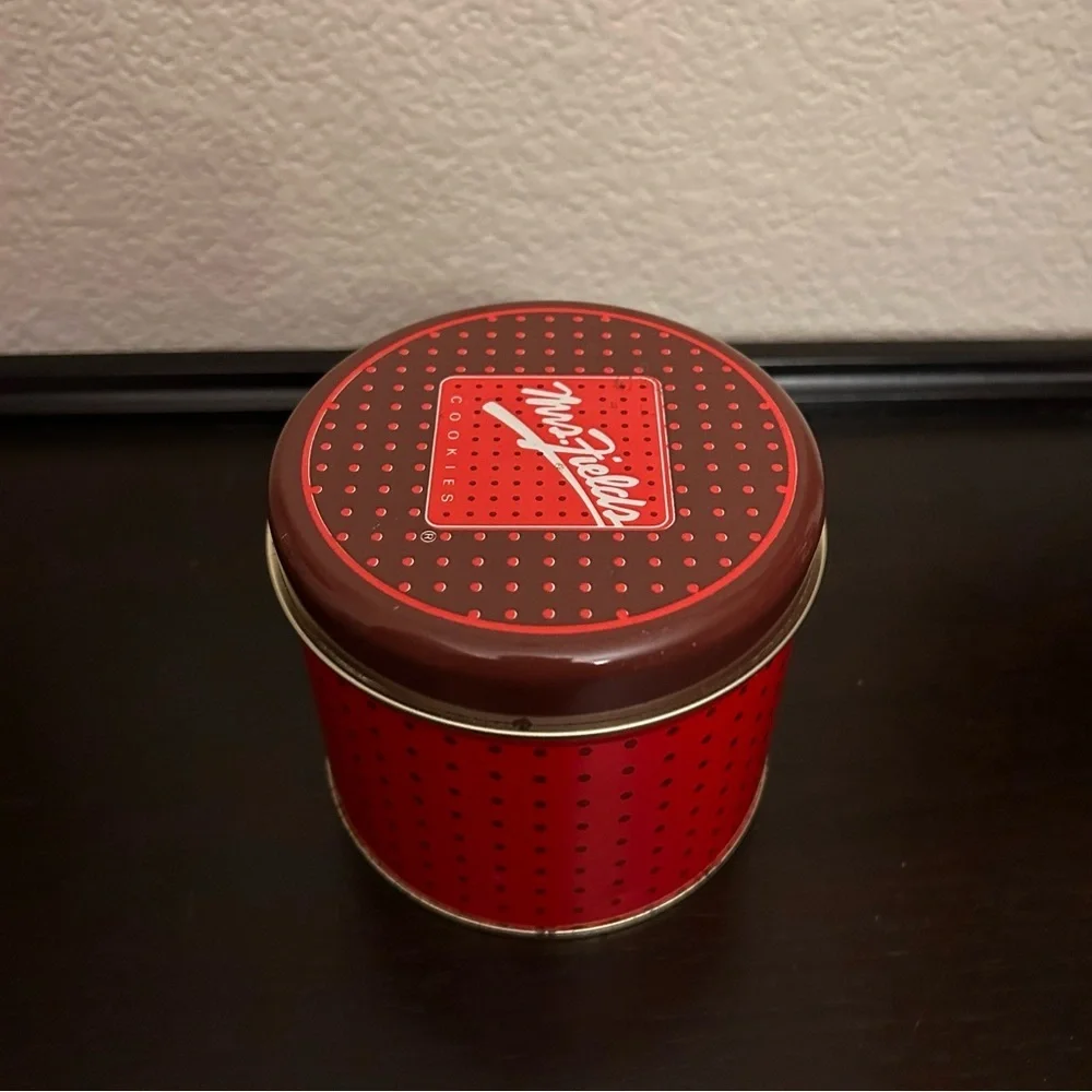 Rare Vintage Mrs Fields cookies tin with polka dot design 4” diameter 4” tall
